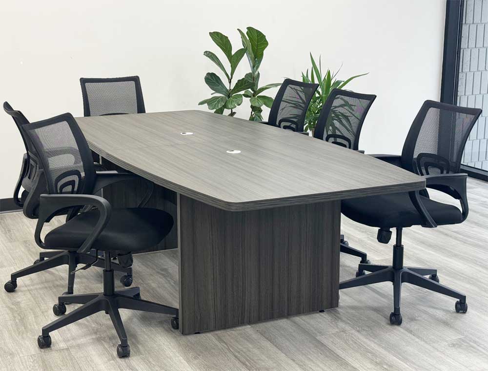 8' Charcoal Boat Shaped Table w/ 6 Black Mesh Mod Swivel Chairs Set Questions & Answers